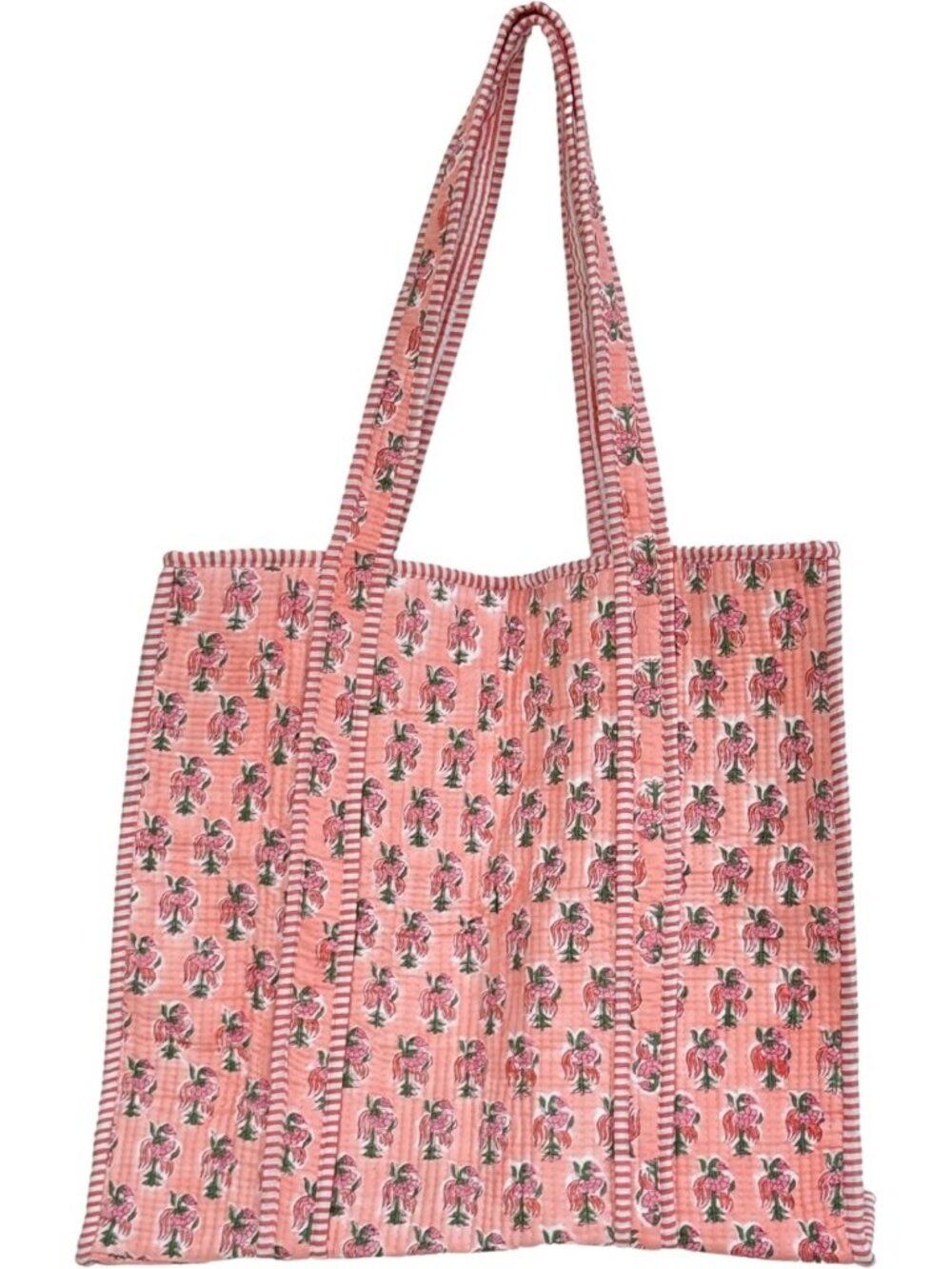 Floral Handblock Print Quilted Cotton Tote Bag - Large Shoulder Bag with Pocket